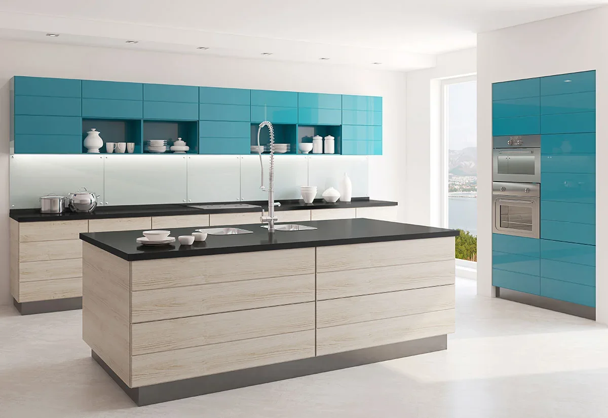 Absolute Black granite countertops and island with turquoise cabinetry