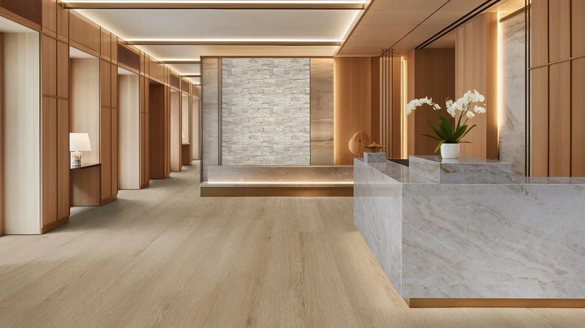 Taj Mahal quartzite reception counter paired with warm wood walls